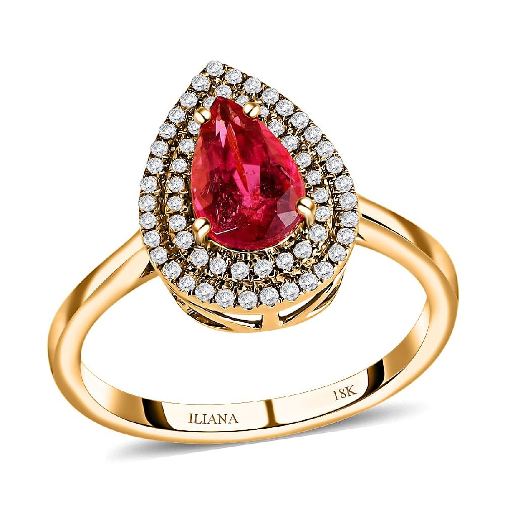 Certified & Appraised Iliana AAA Ouro Fino Rubellite and G-H SI Diamond 1.80 ctw Double Halo Ring in 18K Yellow Gold