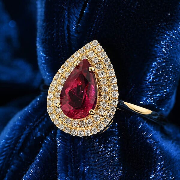 Certified & Appraised Iliana AAA Ouro Fino Rubellite And G-H SI Diamond 1.80 Ctw Double Halo Ring In 18K Yellow Gold