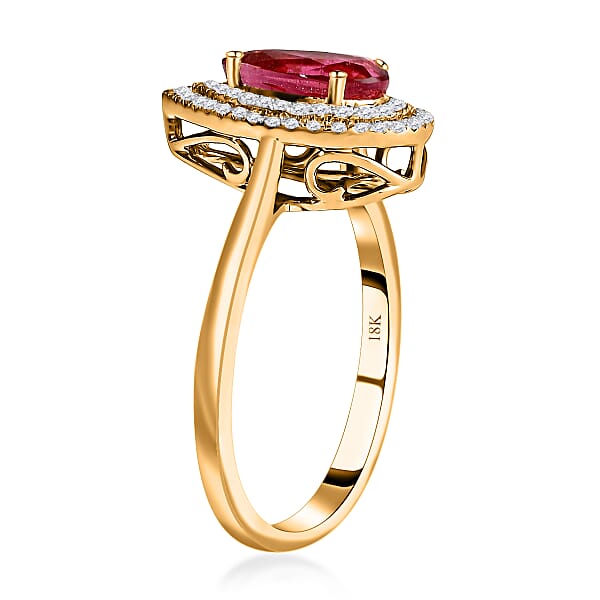 Certified & Appraised Iliana AAA Ouro Fino Rubellite And G-H SI Diamond 1.80 Ctw Double Halo Ring In 18K Yellow Gold