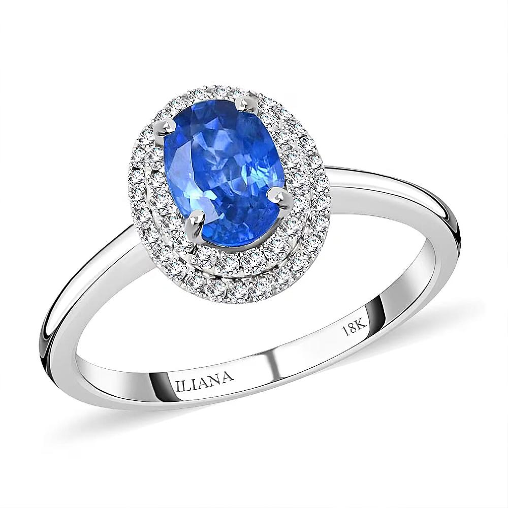 Certified & Appraised Iliana AAA Royal Ceylon Sapphire and G-H SI Diamond 1.25 ctw Double Halo Ring in 18K White Gold