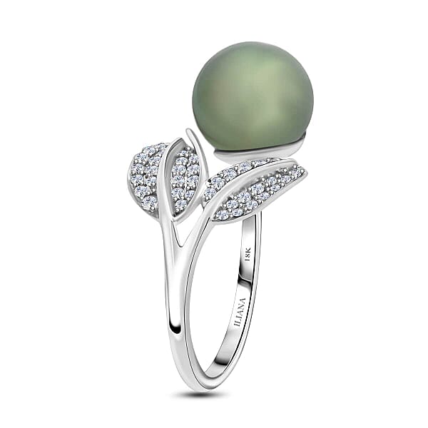 Certified & Appraised Iliana AAA Tahitian Pearl 11mm And SI Diamond 0.27 Ctw Ring In 18K White Gold 4.13 Grams