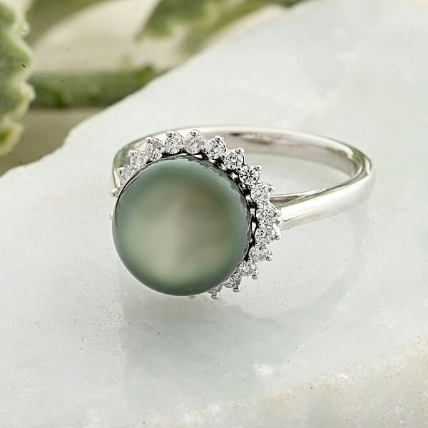 Certified & Appraised Iliana AAA Tahitian Pearl And SI Diamond 0.26 Ctw Ring In 18K White Gold