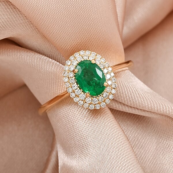 Certified & Appraised Iliana AAAA Kagem Zambian Emerald And SI Diamond 1.00 Ctw Double Halo Ring In 18K Yellow Gold