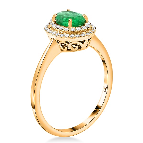 Certified & Appraised Iliana AAAA Kagem Zambian Emerald And SI Diamond 1.00 Ctw Double Halo Ring In 18K Yellow Gold