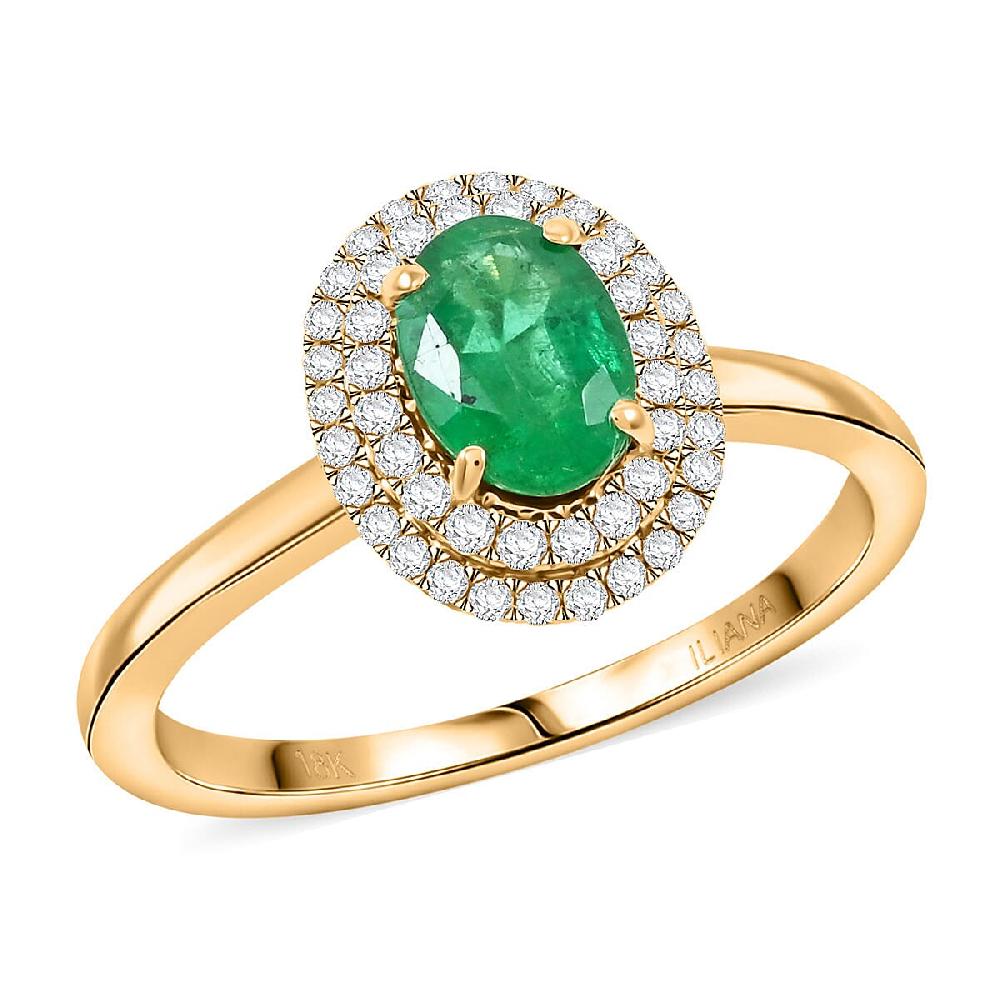 Certified & Appraised Iliana AAAA Kagem Zambian Emerald and SI Diamond 1.00 ctw Double Halo Ring in 18K Yellow Gold