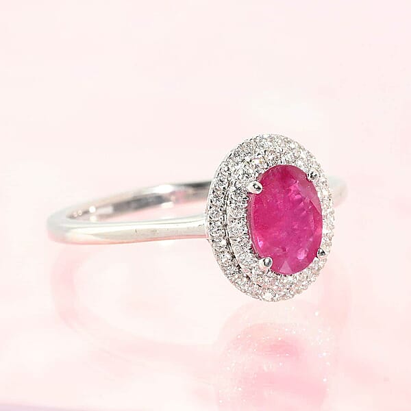 Certified & Appraised Iliana AAAA Montepuez Ruby Diamond Double Halo Ring In 18K White Gold 1.10 Ctw