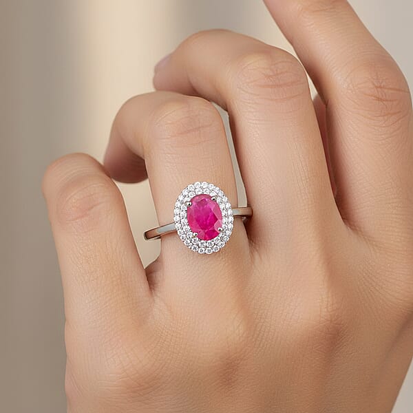 Certified & Appraised Iliana AAAA Montepuez Ruby Diamond Double Halo Ring In 18K White Gold 1.10 Ctw