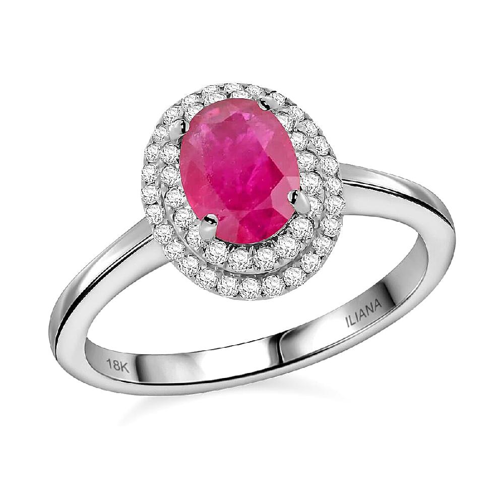 Certified & Appraised Iliana AAAA Montepuez Ruby Diamond Double Halo Ring in 18K White Gold 1.10 ctw