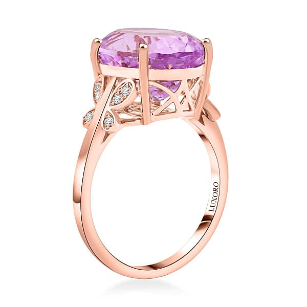 Certified & Appraised Luxoro 10K Rose Gold AAA Martha Rocha Kunzite Diamond (I2) Ring (4.56 G) 13.10 Ctw