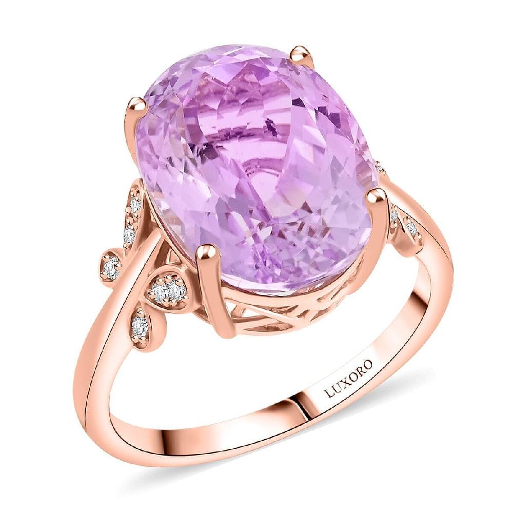 Certified & Appraised Luxoro 10K Rose Gold AAA Martha Rocha Kunzite Diamond (I2) Ring (4.56 g) 13.10 ctw