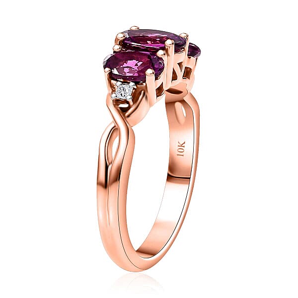 Certified & Appraised Luxoro 10K Rose Gold AAA Radiant Ember Garnet Diamond (G-H I2) 3 Stone Ring 2.10 Ctw