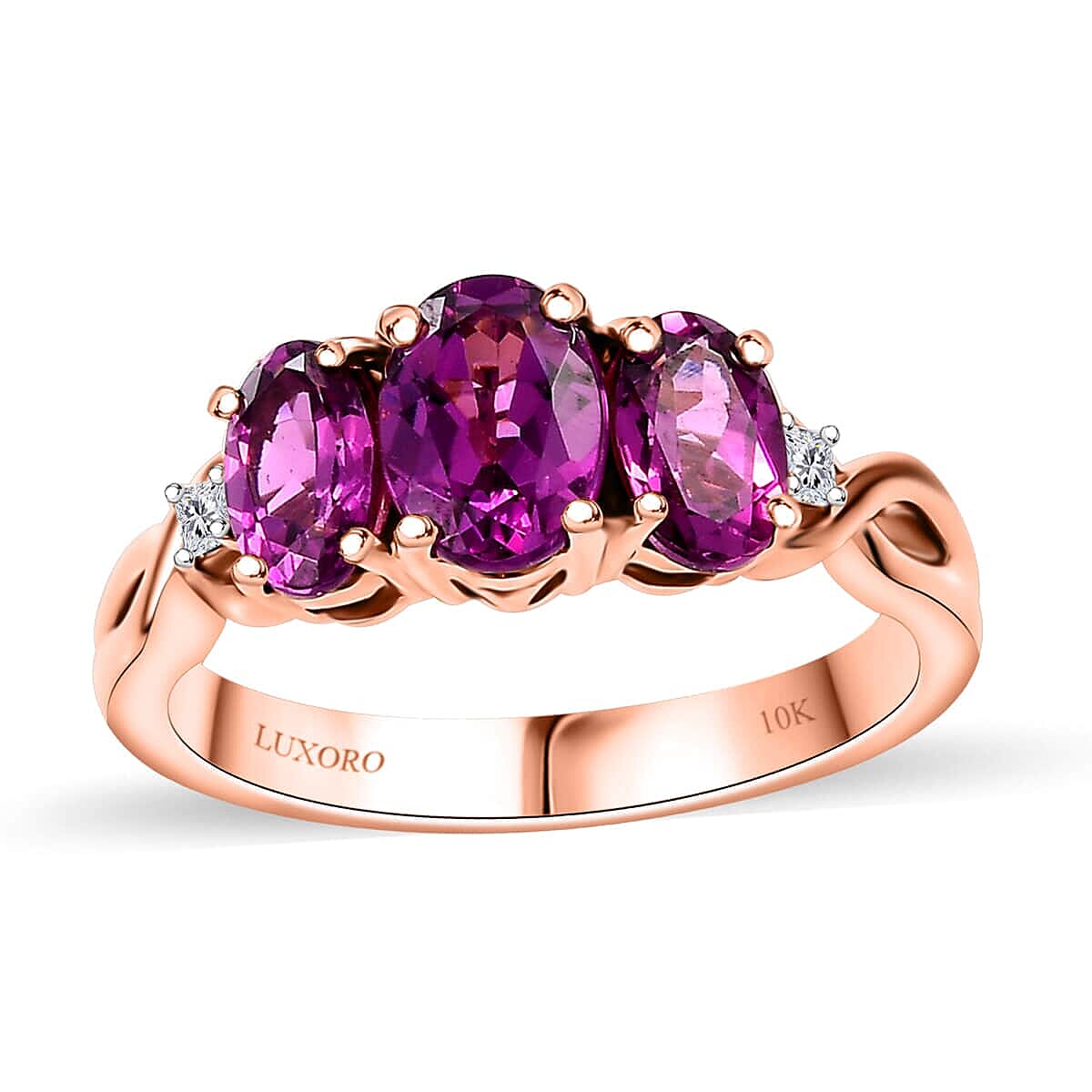 Certified & Appraised Luxoro 10K Rose Gold AAA Radiant Ember Garnet Diamond (G-H I2) 3 Stone Ring 2.10 ctw