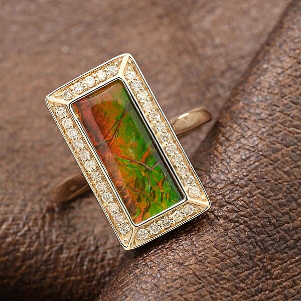 Certified & Appraised Luxoro 10K Yellow Gold AAA Canadian Ammolite Diamond (G-H I2) (0.27 Cts) Ring (4.25 G) 0.27 Ctw
