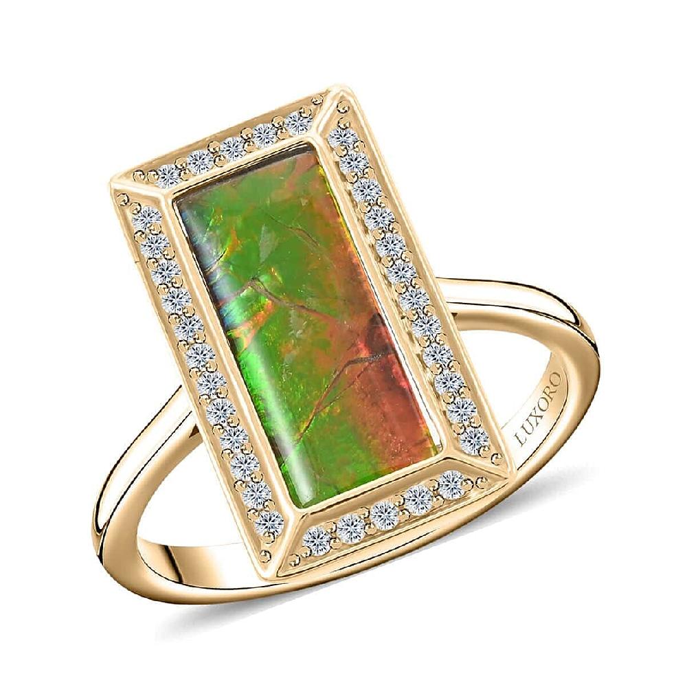 Certified & Appraised Luxoro 10K Yellow Gold AAA Canadian Ammolite Diamond (G-H I2) (0.27 cts) Ring (4.25 g) 0.27 ctw