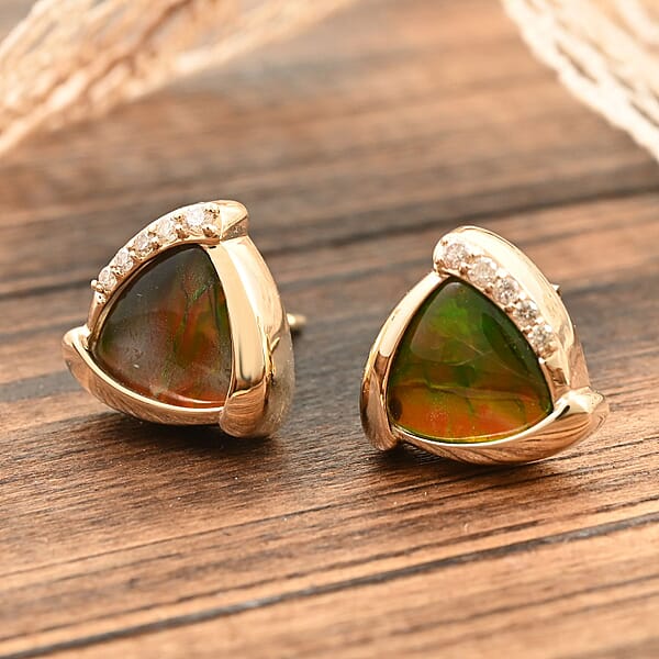 Certified & Appraised Luxoro 10K Yellow Gold AAA Canadian Ammolite And G-H I2 Diamond Earrings 0.10 Ctw