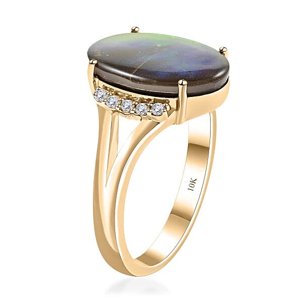 Certified & Appraised Luxoro 10K Yellow Gold AAA Canadian Ammolite And G-H I2 Diamond Ring 0.12 Ctw