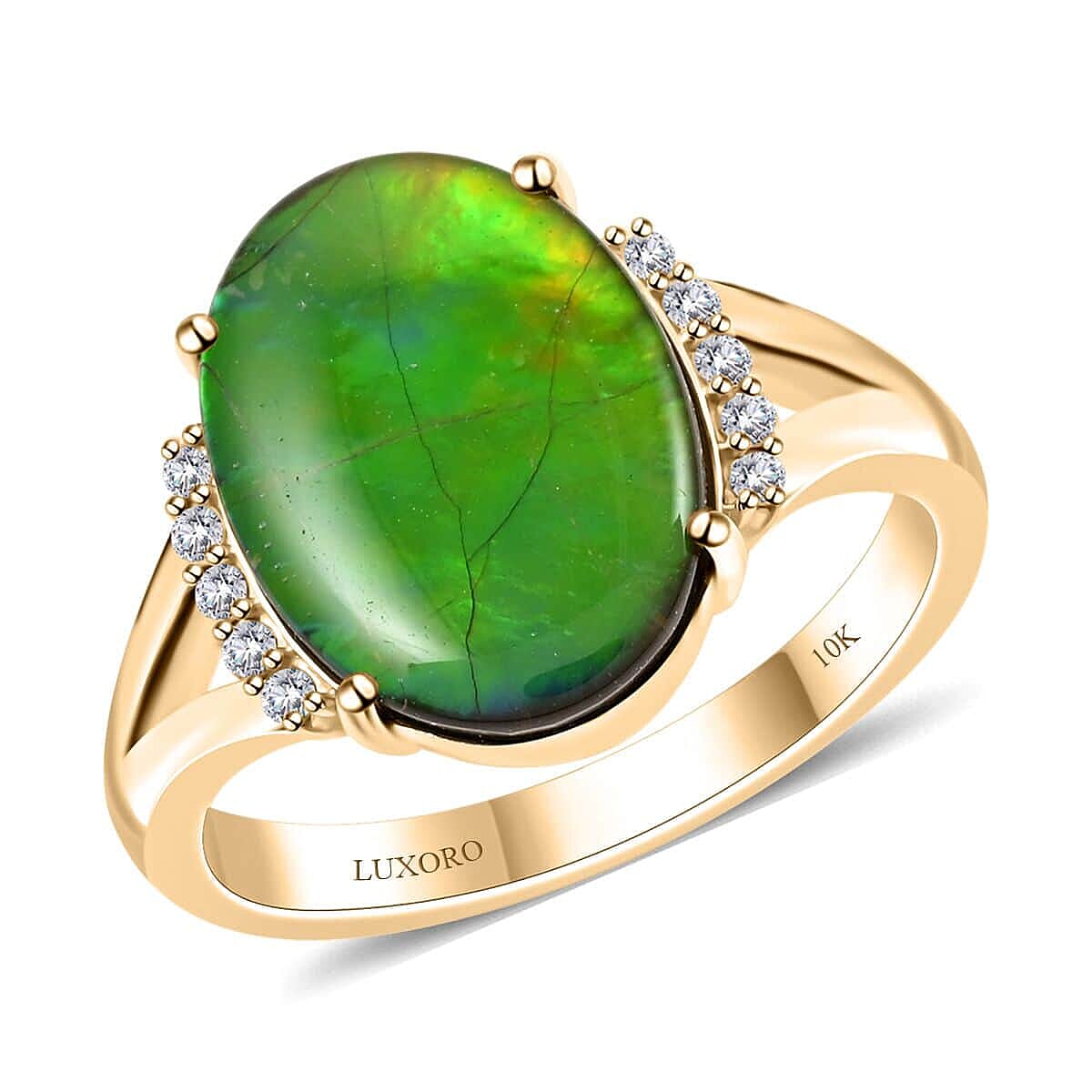 Certified & Appraised Luxoro 10K Yellow Gold AAA Canadian Ammolite and G-H I2 Diamond Ring 0.12 ctw