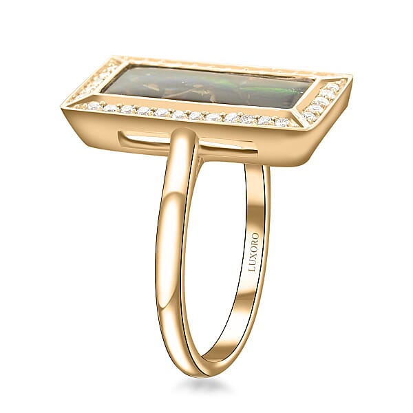 Certified & Appraised Luxoro 10K Yellow Gold AAA Canadian Ammolite And G-H I2 Diamond Ring 4.25 Grams 0.27 Ctw