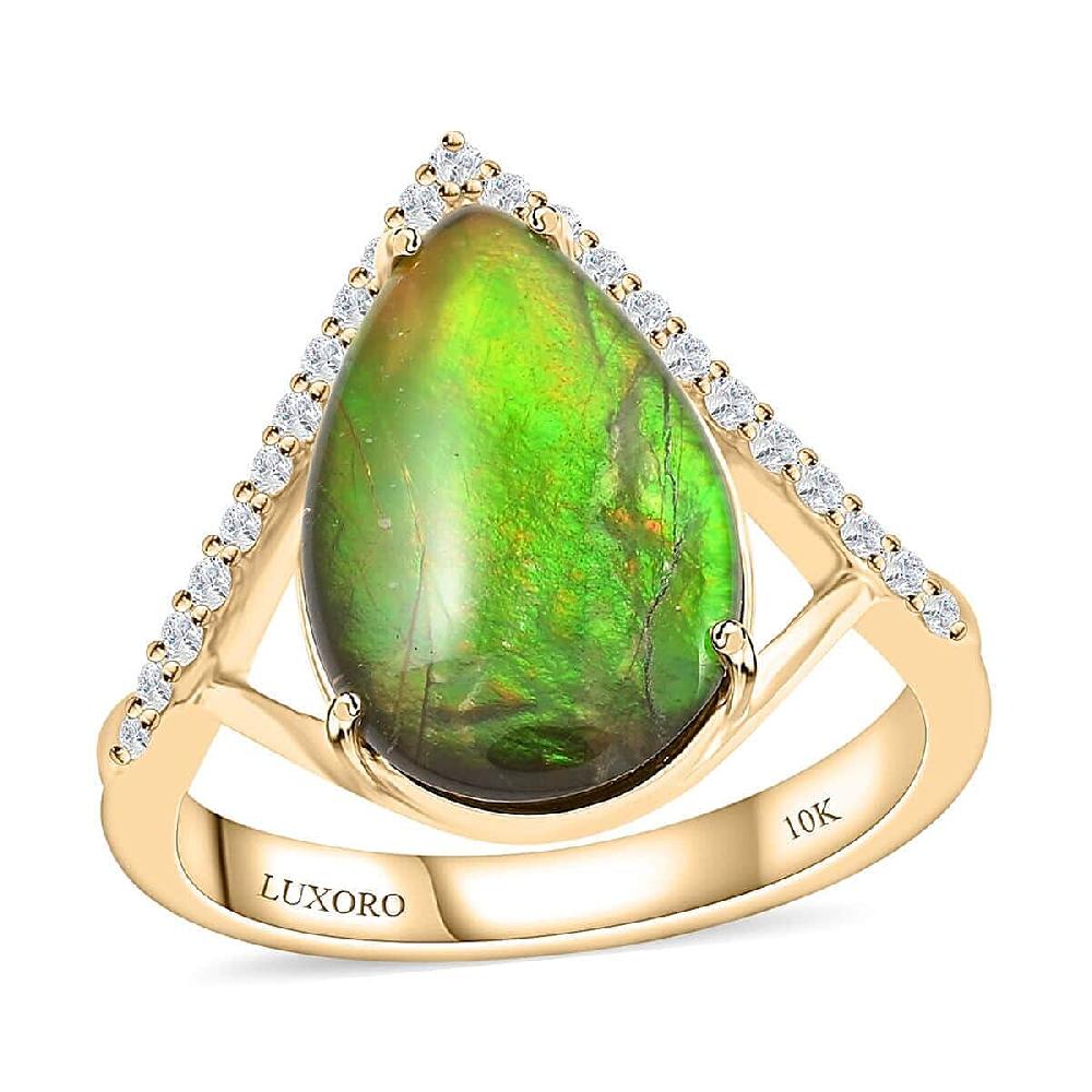 Certified & Appraised Luxoro 10K Yellow Gold AAA Canadian Ammolite (Pear 14x9mm) Diamond (G-H I2) (0.18 cts) Ring