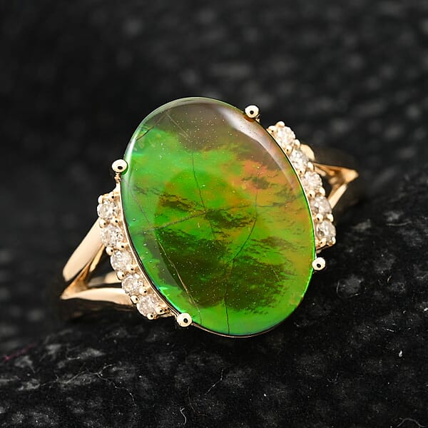Certified & Appraised Luxoro 10K Yellow Gold AAA Canadian Ammolite And G-H I2 Diamond Ring 0.12 Ctw