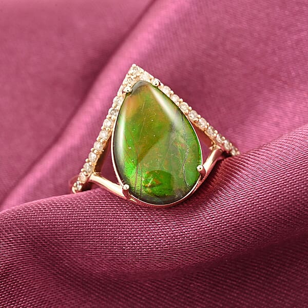 Certified & Appraised Luxoro 10K Yellow Gold AAA Canadian Ammolite And G-H I2 Diamond Ring 0.18 Ctw