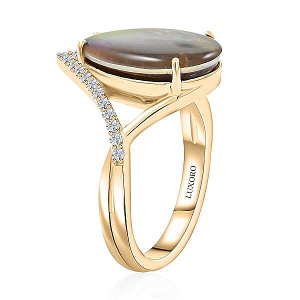 Certified & Appraised Luxoro 10K Yellow Gold AAA Canadian Ammolite And G-H I2 Diamond Ring 0.18 Ctw