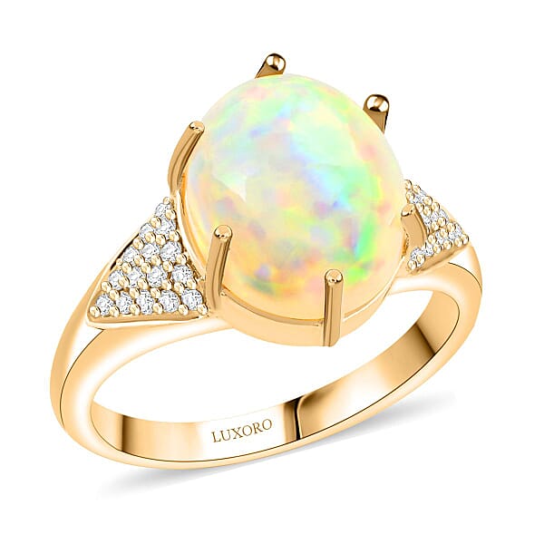 Certified & Appraised Luxoro 10K Yellow Gold AAA Ethiopian Welo Opal And G-H I2 Diamond Ring 2.80 Ctw