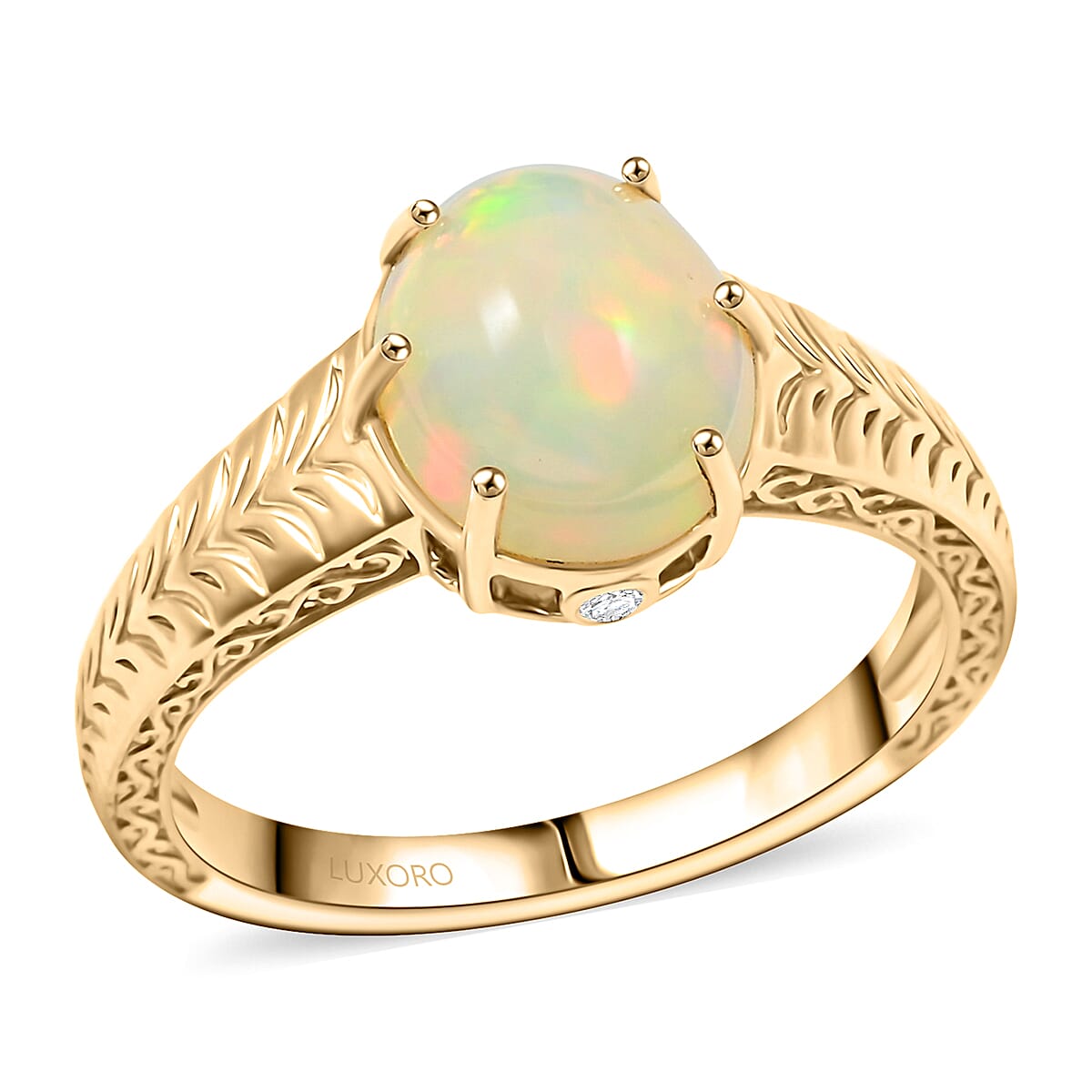 Certified & Appraised Luxoro 10K Yellow Gold AAA Ethiopian Welo Opal and G-H I2 Diamond Ring 4.10 Grams 2.10 ctw