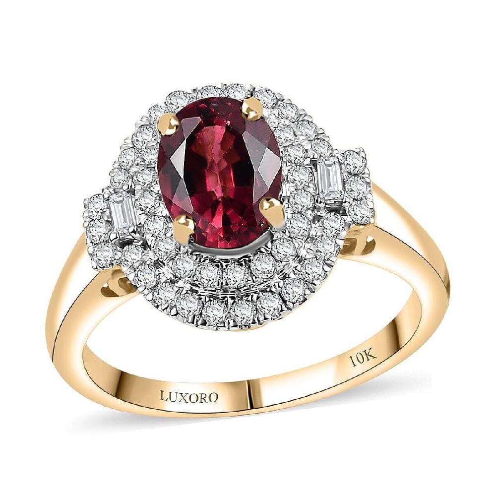 Certified & Appraised Luxoro 10K Yellow Gold AAA Ouro Fino Rubellite Diamond (G-H I2) (0.42 cts) Double Halo Ring 1.74 ctw