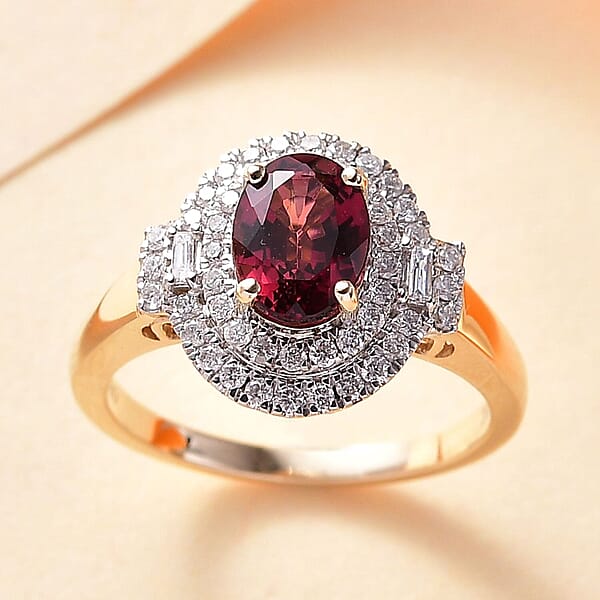 Certified & Appraised Luxoro 10K Yellow Gold AAA Ouro Fino Rubellite Diamond (G-H I2) (0.42 Cts) Double Halo Ring 1.74 Ctw