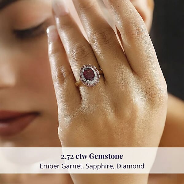 Certified & Appraised Luxoro 10K Yellow Gold AAA Radiant Ember Garnet Padparadscha Sapphire Diamond (I2) (0.20 Cts) Double Halo Ring 2.72 Ctw