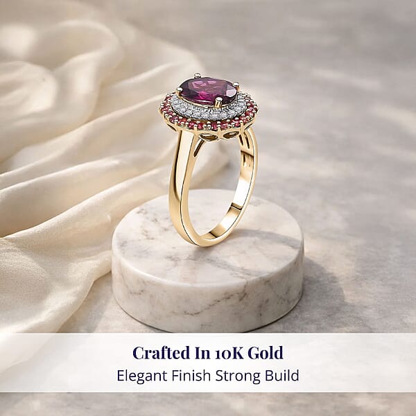 Certified & Appraised Luxoro 10K Yellow Gold AAA Radiant Ember Garnet Padparadscha Sapphire Diamond (I2) (0.20 Cts) Double Halo Ring 2.72 Ctw