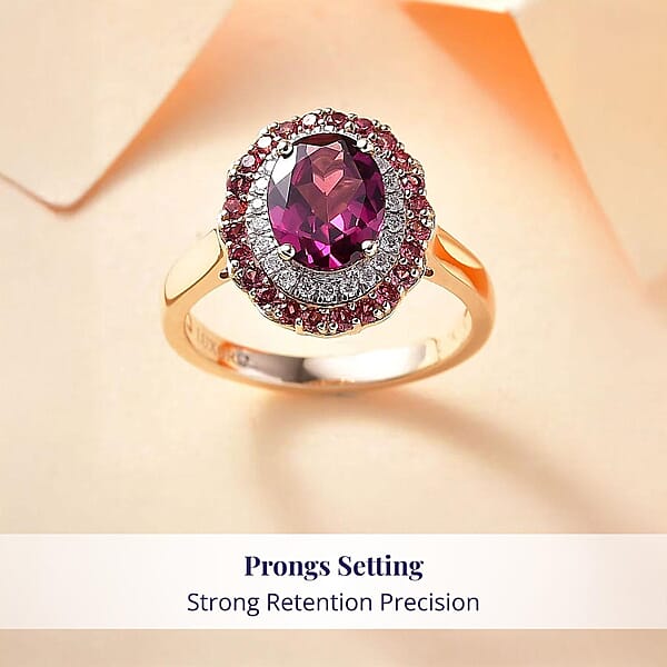 Certified & Appraised Luxoro 10K Yellow Gold AAA Radiant Ember Garnet Padparadscha Sapphire Diamond (I2) (0.20 Cts) Double Halo Ring 2.72 Ctw