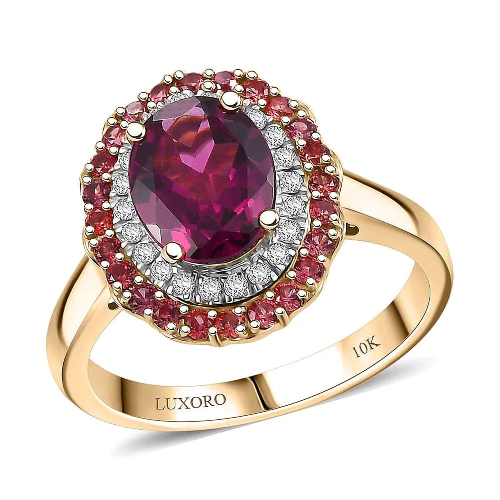 Certified & Appraised Luxoro 10K Yellow Gold AAA Radiant Ember Garnet Padparadscha Sapphire Diamond (I2) (0.20 Cts) Double Halo Ring 2.72 Ctw