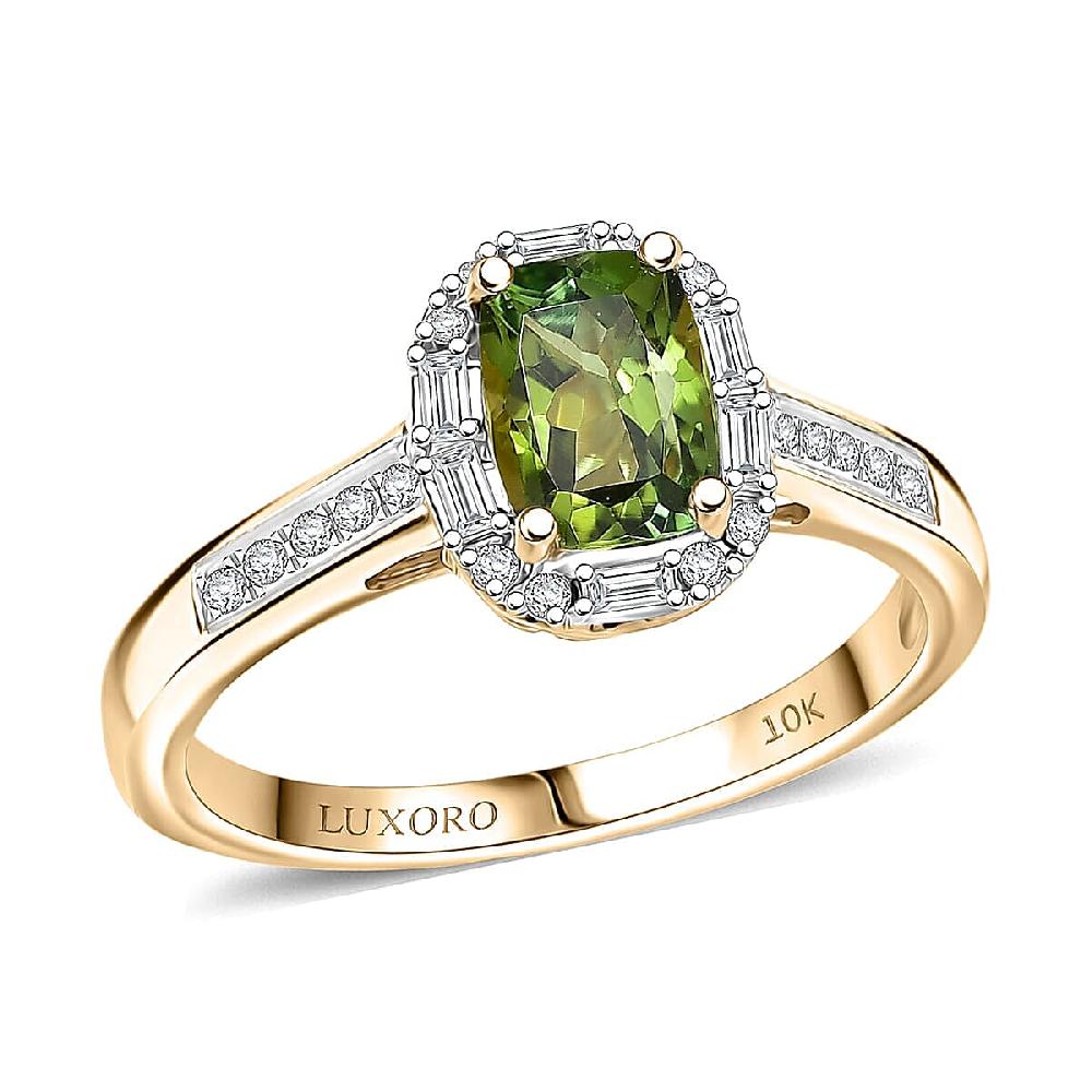 Certified & Appraised Luxoro 10K Yellow Gold AAA Sapo Green Tourmaline Diamond (I2) (0.26 cts) Ring 1.57 ctw