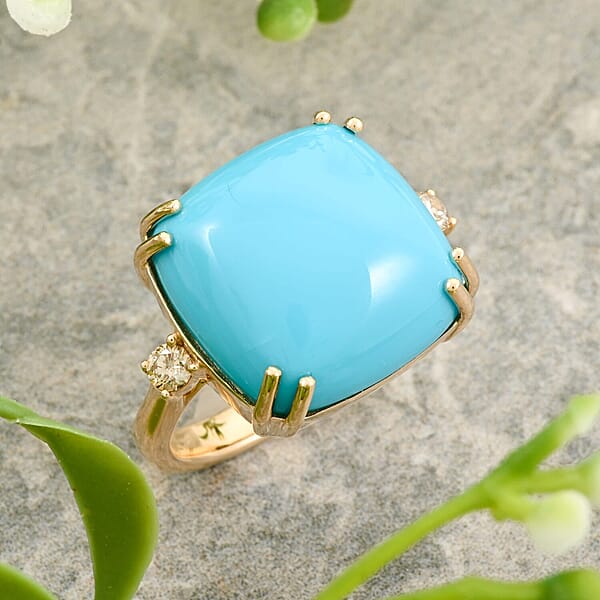 Certified & Appraised Luxoro 10K Yellow Gold AAA Sleeping Beauty Turquoise Diamond (G-H I2) (0.16 Cts) Ring (4.60 G) 10.65 Ctw