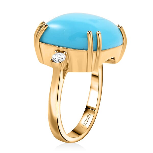 Certified & Appraised Luxoro 10K Yellow Gold AAA Sleeping Beauty Turquoise Diamond (G-H I2) (0.16 Cts) Ring (4.60 G) 10.65 Ctw
