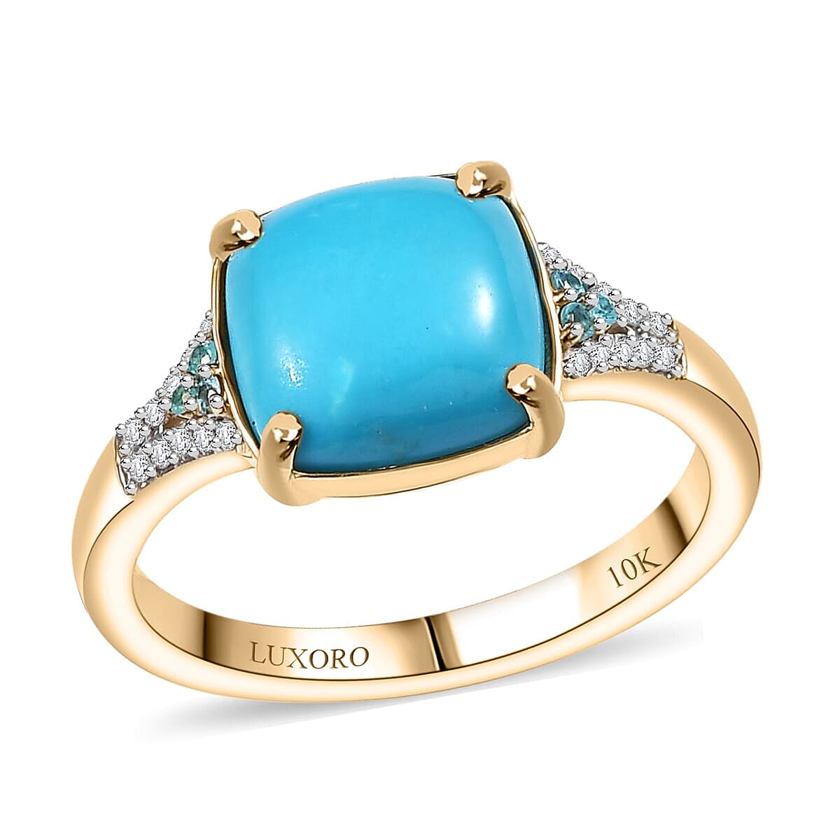 Certified & Appraised Luxoro 10K Yellow Gold AAA Sleeping Beauty Turquoise AAAA Paraiba Tourmaline and Diamond (E-F I2) (0.12 cts) Ring 3.17 ctw