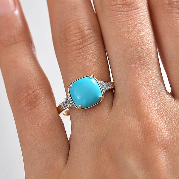 Certified & Appraised Luxoro 10K Yellow Gold AAA Sleeping Beauty Turquoise AAAA Paraiba Tourmaline And Diamond (E-F I2) (0.12 Cts) Ring 3.17 Ctw