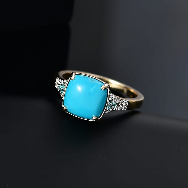 Certified & Appraised Luxoro 10K Yellow Gold AAA Sleeping Beauty Turquoise AAAA Paraiba Tourmaline And Diamond (E-F I2) (0.12 Cts) Ring 3.17 Ctw