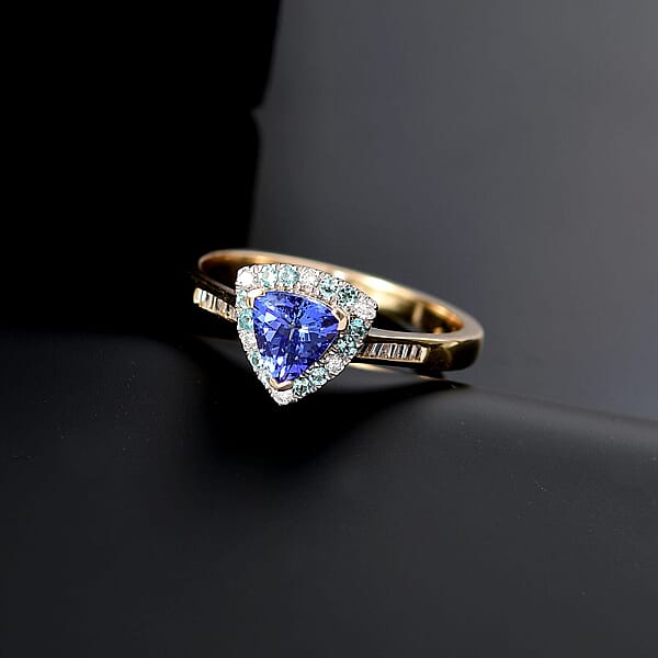 Certified & Appraised Luxoro 10K Yellow Gold AAA Tanzanite AAAA Paraiba Tourmaline And Diamond (E-F I2) (0.19 Cts) Ring With 1.10 Ctw