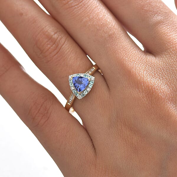 Certified & Appraised Luxoro 10K Yellow Gold AAA Tanzanite AAAA Paraiba Tourmaline And Diamond (E-F I2) (0.19 Cts) Ring With 1.10 Ctw
