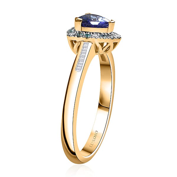 Certified & Appraised Luxoro 10K Yellow Gold AAA Tanzanite AAAA Paraiba Tourmaline And Diamond (E-F I2) (0.19 Cts) Ring With 1.10 Ctw