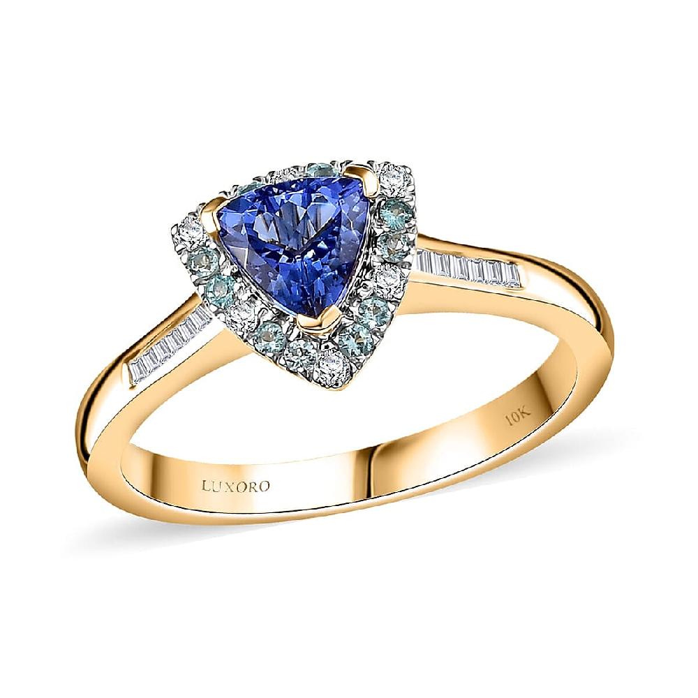 Certified & Appraised Luxoro 10K Yellow Gold AAA Tanzanite AAAA Paraiba Tourmaline and Diamond (E-F I2) (0.19 cts) Ring with 1.10 ctw