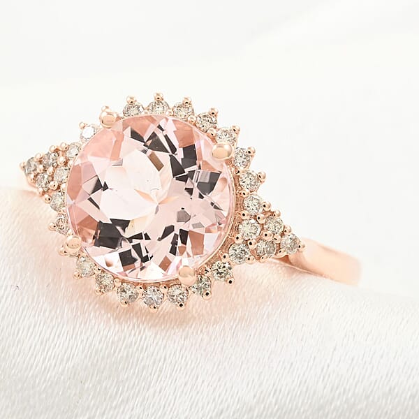 Certified & Appraised Luxoro 14K Rose Gold AAA Pink Morganite And G-H I2 Diamond Sunburst Ring 2.75 Ctw