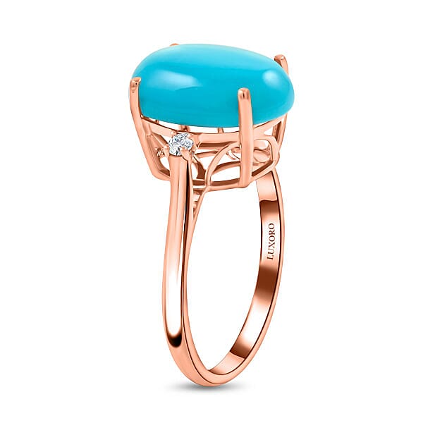 Certified & Appraised Luxoro 14K Rose Gold AAA Sleeping Beauty Turquoise And I2 Diamond Ring 5.50 Ctw