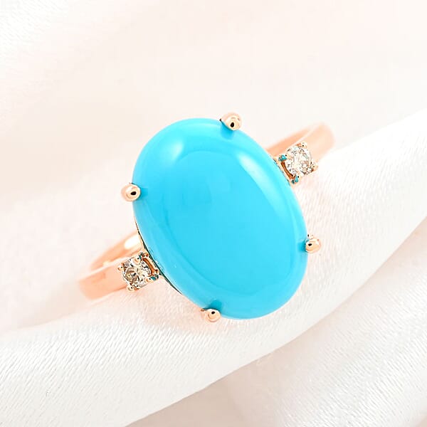 Certified & Appraised Luxoro 14K Rose Gold AAA Sleeping Beauty Turquoise And I2 Diamond Ring 5.50 Ctw