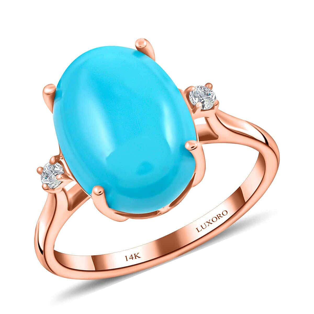 Certified & Appraised Luxoro 14K Rose Gold AAA Sleeping Beauty Turquoise and I2 Diamond Ring 5.50 ctw
