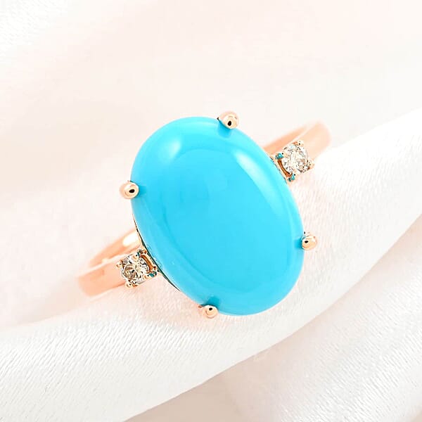 Certified & Appraised Luxoro 14K Rose Gold AAA Sleeping Beauty Turquoise And I2 Diamond Ring 5.50 Ctw