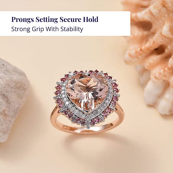 Certified & Appraised Luxoro 14K Rose Gold Palmeiras AAA Pink Morganite And AAA Santa Maria Aquamarine Double Halo Ring 4.45 Grams 3.60 Ctw